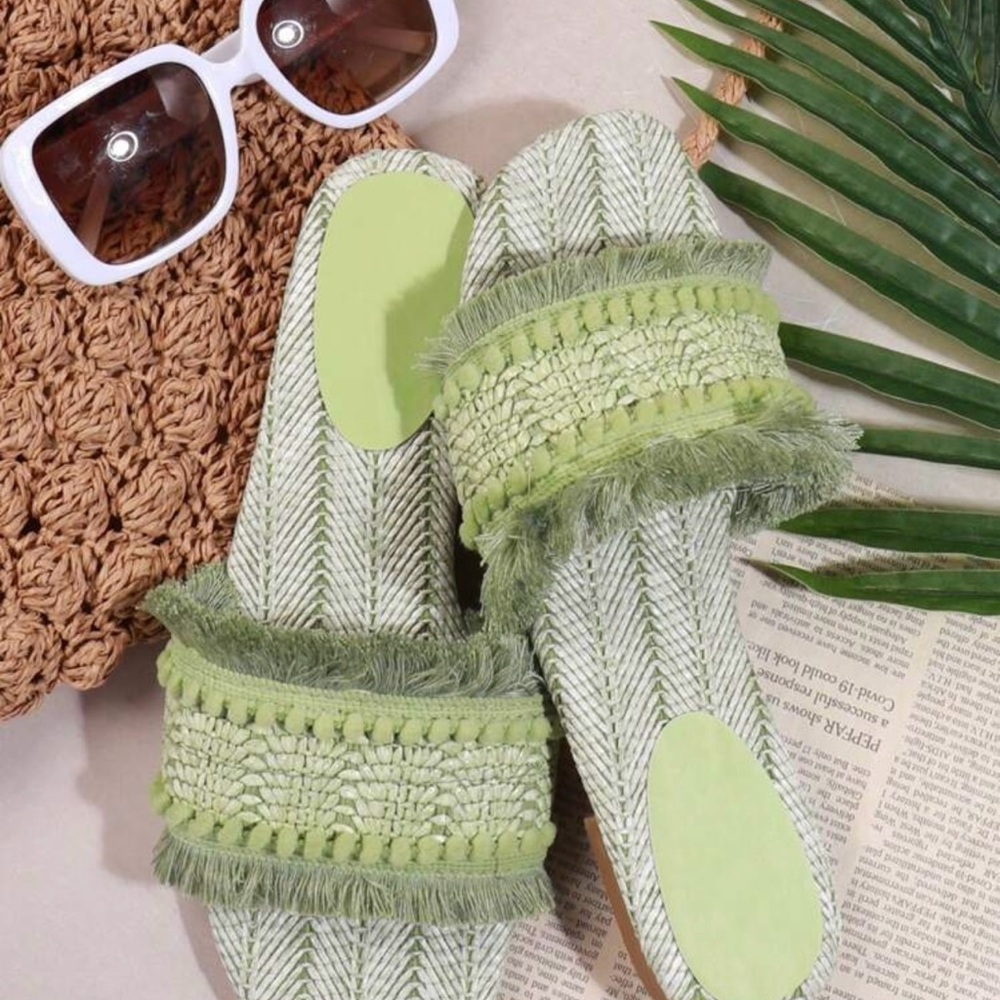 Green Woven Women's Slide Sandals